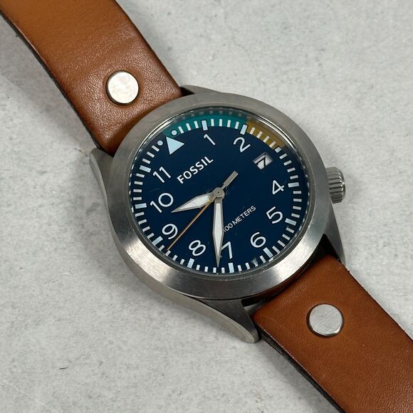 Fossil Watch Mens 44mm Round Blue Dial Date Aeroflite Brown Band New Battery - Picture 1 of 14
